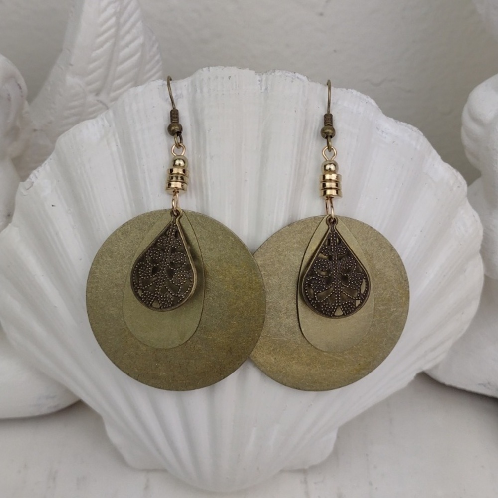 Brassy Boho Mossy Green Tone Layered Symbols & Teardrop Disc Dangle Earrings